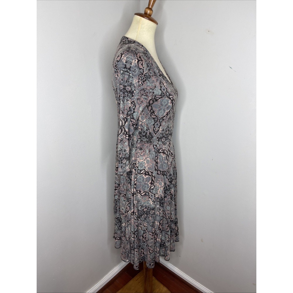 Peruvian Connection Gray Blue Pink 3/4 Sleeve v-neck Dress lightweight travel M - Picture 6 of 11